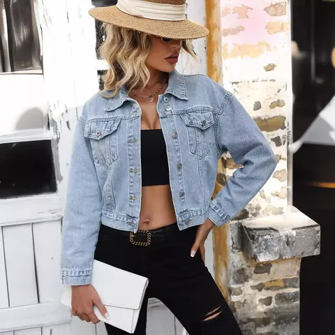 Damen Hellblau Washed Denim Jacke Kurz Loose Fit Langarm Knopfleiste Top Casual Streetwear Oberbekleidung Mantel
