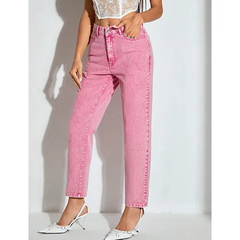 Women Fashion High Waisted Straight Leg Jeans Cotton Blend Pink Washed Denim Trousers Casual Loose Long Pants For Women