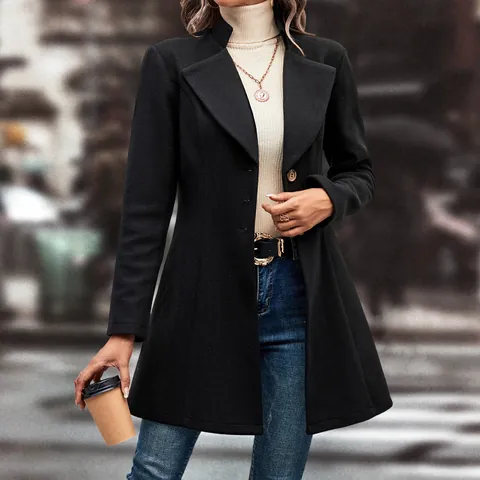 Women's Solid Color Lapel Woolen Coat Mid-Long Slim Waist Rabbit Hair Spandex Blend Elegant Autumn Winter Overcoat Top