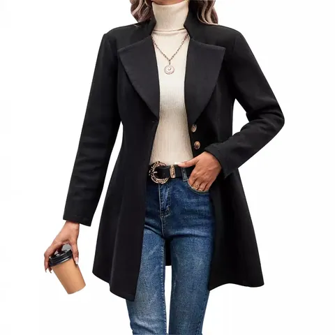 Women's Solid Color Lapel Woolen Coat Mid-Long Slim Waist Rabbit Hair Spandex Blend Elegant Autumn Winter Overcoat Top