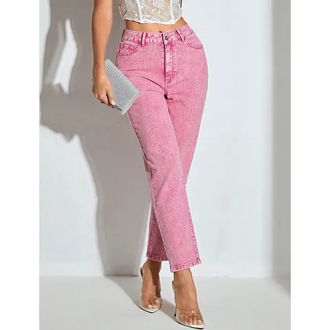 Women Fashion High Waisted Straight Leg Jeans Cotton Blend Pink Washed Denim Trousers Casual Loose Long Pants For Women