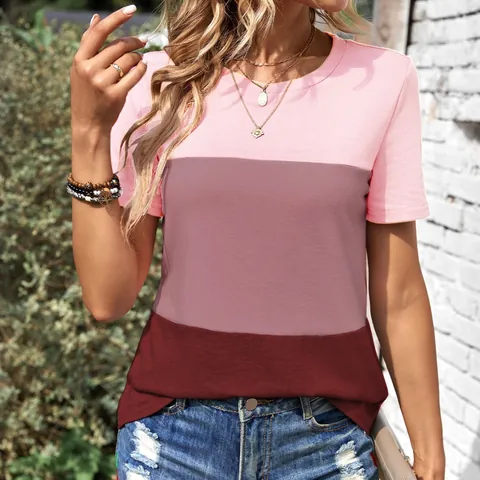 Dames Mode Casual Polyester Kleurblok T-Shirt Ronde Hals Korte Mouw Patchwork Top Veelzijdig Slim Fit Pullover Shirt