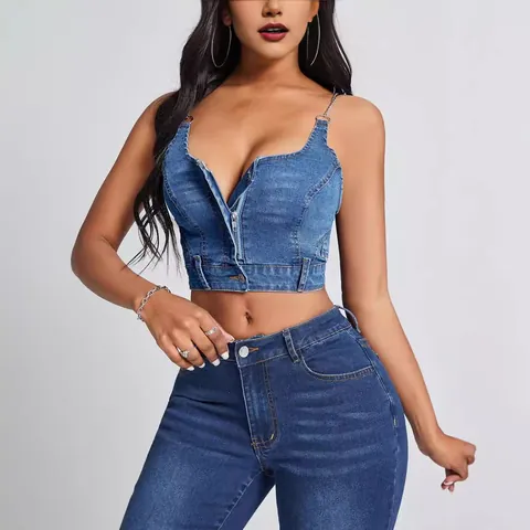 Women Sexy Deep V Neck Denim Crop Top With Metal Chain Straps Front Zipper Backless Slim Fit Blue Jean Tank Top Fashion