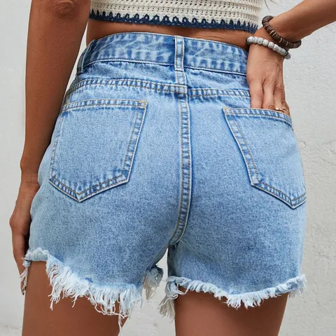 Damen High Waist Denim Shorts Distressed Ripped Fransen Saum Raw Edge Washed Jeans Shorts Sommer Casual Fashion Streetwear