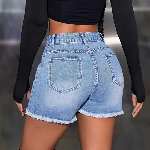 Women High Waisted Straight Leg Denim Shorts Raw Hem Washed Cotton Polyester Frayed Blue Jean Shorts Casual Streetwear Bottom