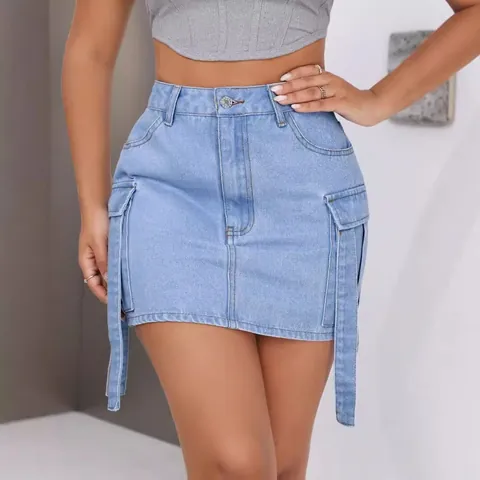Women's Casual Cargo Denim Mini Skirt with Pockets and Ribbons Street Style Washed Blue Bodycon Short Skirt