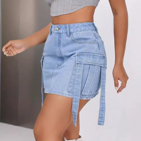 Women's Casual Cargo Denim Mini Skirt with Pockets and Ribbons Street Style Washed Blue Bodycon Short Skirt