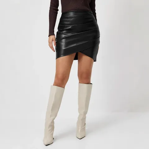 Women High Waist PU Leather Mini Skirt Slim Fit Ruched Wrap A-Line Bodycon Short Skirt Autumn Winter Fashion Commuter Bottom