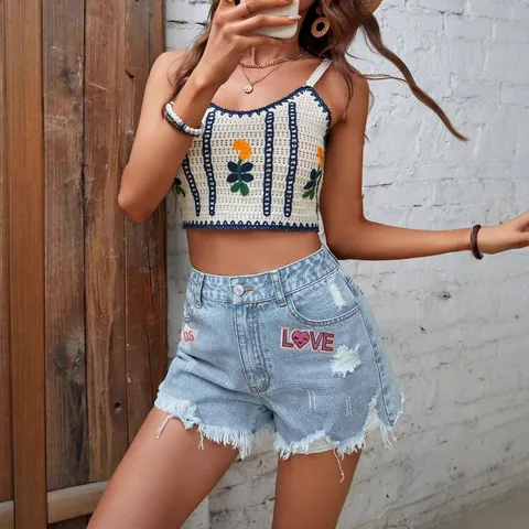 Women's High Waist Ripped Denim Shorts Light Blue Embroidery Love Star Patch Frayed Hem Casual Cotton Polyester Jean Shorts