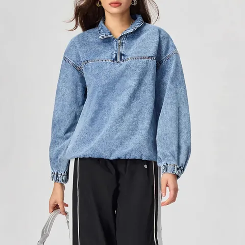 Γυναικείο Oversized Τζιν Πουλόβερ Μπουφάν Vintage Acid Wash Quarter Zip Μακρυμάνικο Hoodie Top Casual Streetwear