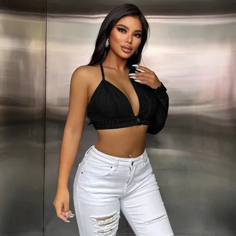 Γυναικείο Σέξι Ασύμμετρο Τζιν Crop Top Μακρυμάνικο Ραφές Λουράκι Camisole Ένας Ώμος Πλυμένο Τζιν Πουκάμισο Streetwear