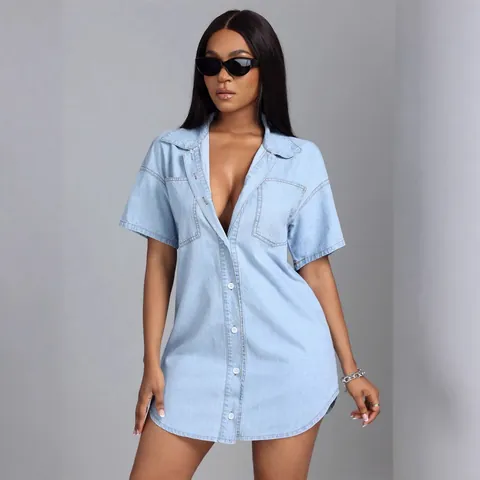 Women Denim Shirt Dress Loose Fit Short Sleeve Lapel Collar Button Down Casual Cotton Blend Washed Denim Midi Dress With Pockets