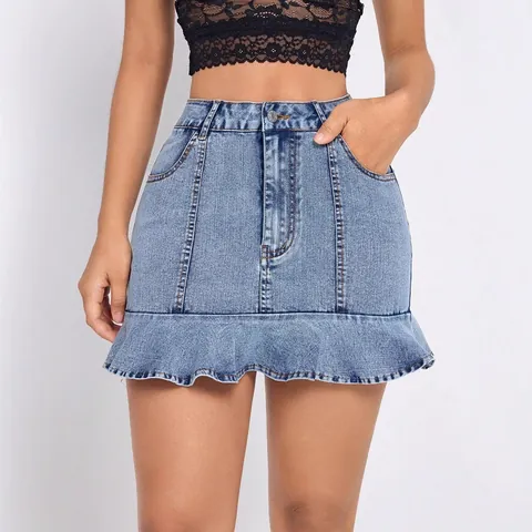 High Waisted Denim Ruffle Hem Mini Skirt For Women Solid Blue Streetwear Denim Skirt With Pockets Fashion Casual Bottoms