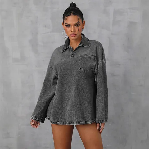 Γυναικεία Oversized Ντένιμ Μπλούζα Μακρυμάνικη Με Μισό Φερμουάρ Patchwork Ντένιμ Πουκάμισο Με Τσέπη Ρετρό Πλυμένο Μείγμα Βαμβακιού Casual Streetwear Μπλούζα