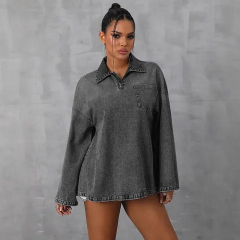 Γυναικεία Oversized Ντένιμ Μπλούζα Μακρυμάνικη Με Μισό Φερμουάρ Patchwork Ντένιμ Πουκάμισο Με Τσέπη Ρετρό Πλυμένο Μείγμα Βαμβακιού Casual Streetwear Μπλούζα