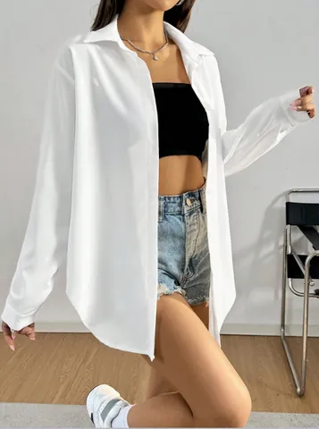 Chemise Casual à Manches Longues Pour Femmes Couleur Unie Chemisier Confortable En Polyester Élasthanne Haut à Simple Boutonnage