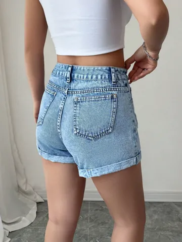 Pantaloncini di Jeans a Vita Alta da Donna Motivo a Cuore Ricamati Larghi Lavati Misto Cotone Casual Pantaloncini Estivi