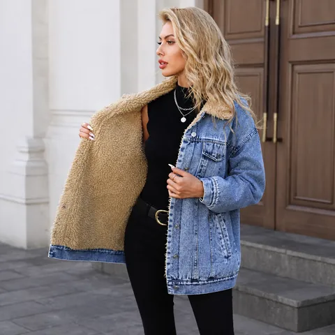 Γυναικείο Oversized Τζιν Μπουφάν με Επένδυση Sherpa Φλις Ζεστό Χειμερινό Τζιν Χαλαρή Εφαρμογή Μεσαίου Μήκους Πλυμένο Casual Top
