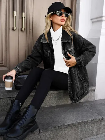 Γυναικείο Oversized Τζιν Μπουφάν Πλυμένο Μακρυμάνικο Top Casual Δυτικό Στυλ Streetwear Χαλαρό Denim Μπουφάν Με Τσέπες