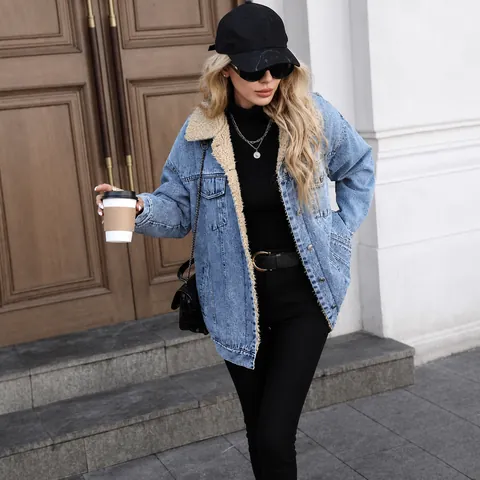 Γυναικείο Oversized Τζιν Μπουφάν με Επένδυση Sherpa Φλις Ζεστό Χειμερινό Τζιν Χαλαρή Εφαρμογή Μεσαίου Μήκους Πλυμένο Casual Top