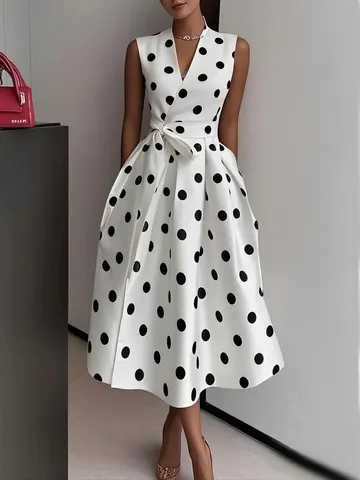 Sexy Dames V-Hals Mouwloze Midi-Jurk Met Stippen Elegante A-Lijn Partyjurk Met Tailleband Polyester Wit Zwart