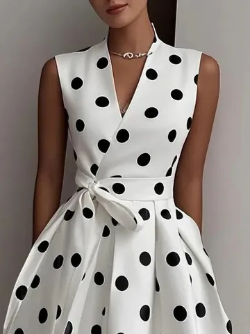 Sexy Dames V-Hals Mouwloze Midi-Jurk Met Stippen Elegante A-Lijn Partyjurk Met Tailleband Polyester Wit Zwart