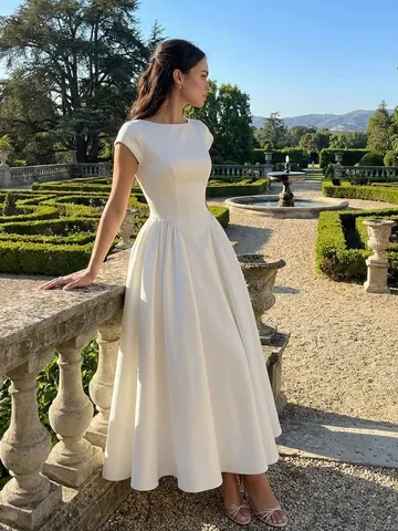 Women Elegant Solid Color Round Neck Short Sleeve Backless Dress Summer Casual Vacation Party Maxi Dress Polyester Patchwork Splicing