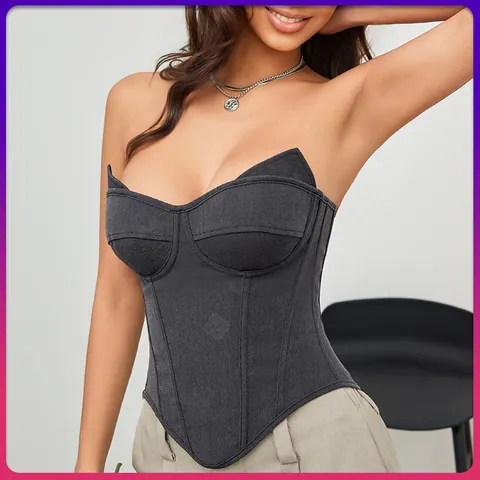 Women's Gothic Dark Grey Fishbone Corset Top Rabbit Ear Pointed Cups Padded Bustier Vest Waist Cincher Party Wear
