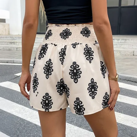 Pantalón Corto Mujer Cintura Alta Fruncido Estampado Floral Pierna Ancha Casual Bohemio Cordón Pantalones Cortos Playa Verano Albaricoque
