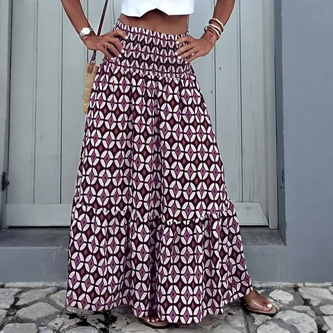 Gonna Lunga Maxi Donna a Vita Alta a Punto Smock Stampa Geometrica Boho Volant Balze Gonna per Vacanze Estive