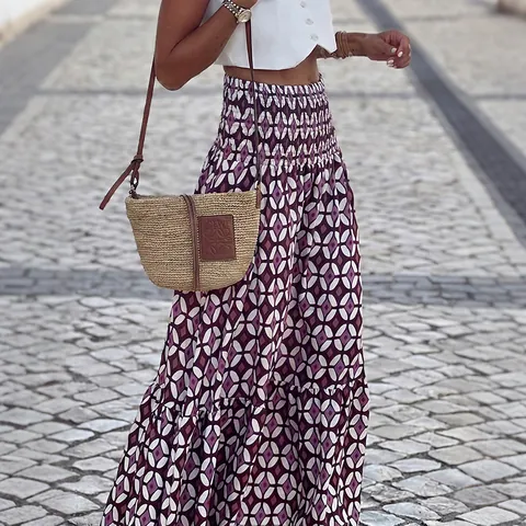 Gonna Lunga Maxi Donna a Vita Alta a Punto Smock Stampa Geometrica Boho Volant Balze Gonna per Vacanze Estive