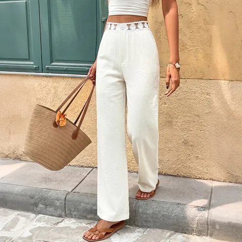 Damen Hohe Taille Weites Bein Freizeithose Elegant Off-White Spitze Hohl Spleißen Lange Hosen Einfarbig Gewebt Lose Beachwear
