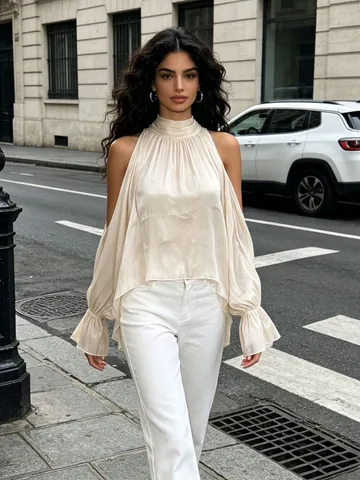 Damen Design Kalte Schulter Neckholder Langarmshirt Elegante Satin Look Rüschenmanschetten Einfarbige Bluse Top