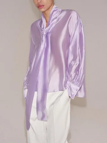 Blusa Elegante de Poliéster para Mujer con Cuello de Lazo Manga Larga Textura de Satén Ajuste Holgado para Oficina Diario