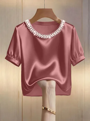 Damen Französischer Stil Satin Kurzarm T-Shirt Mit Künstlichem Perlenausschnitt Elegantes Einfarbiges Sommeroberteil