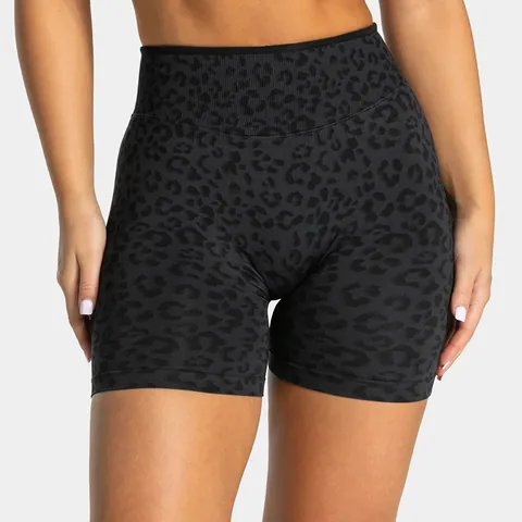Short de Yoga Sans Couture Imprimé Léopard pour Femmes Taille Haute Lifting Fesses Fitness Course Tricoté Sportif Bas