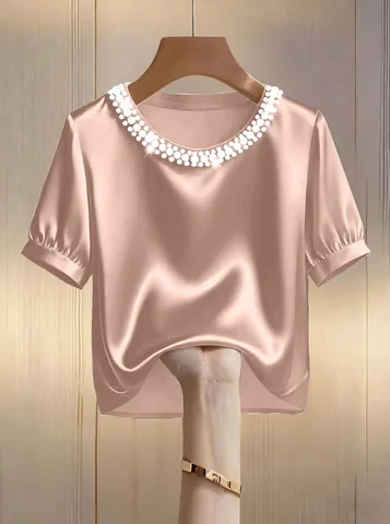 Damen Französischer Stil Satin Kurzarm T-Shirt Mit Künstlichem Perlenausschnitt Elegantes Einfarbiges Sommeroberteil