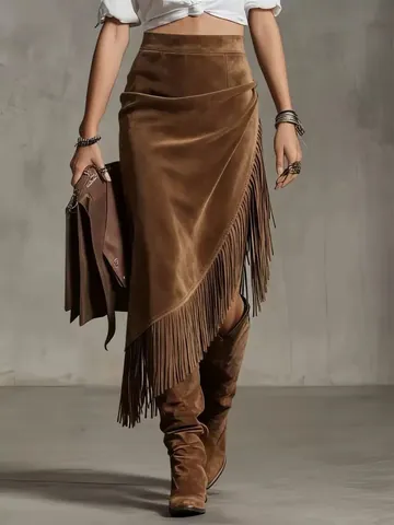 Gonna Midi da Donna Stile Vintage Western Texture Scamosciata Orlo Irregolare con Frange Vita Alta Tinta Unita Gonna in Poliestere