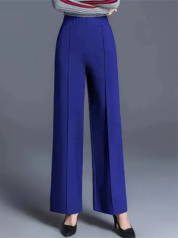 Dames Hoge Taille Wijde Pijpen Broek Elegant Effen Kleur Recht Woon-werkverkeer Casual Pantalon Met Elastische Taille En Zakken