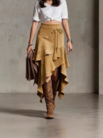 Women's Vintage Faux Suede A-Line Midi Skirt With Tassel Belt Irregular Hem Western Bohemian High Waist Umbrella Skirt