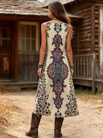 Women Plus Size Bohemian Retro Printed Dress Summer Sleeveless V-Neck Maxi Dress Ethnic Style A-Line Vacation Beach Long Dress