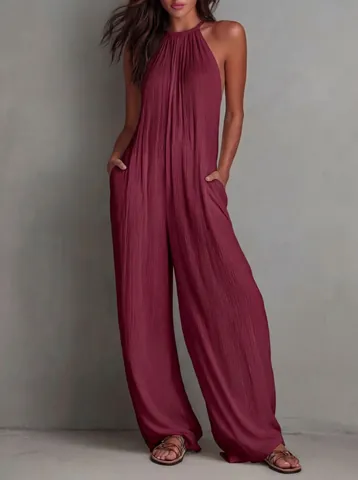 Women Halter Neck Sleeveless Pleated Jumpsuit Solid Color Off Shoulder Wide Leg Vacation Beach Jumpsuit With Pockets Loose Romper