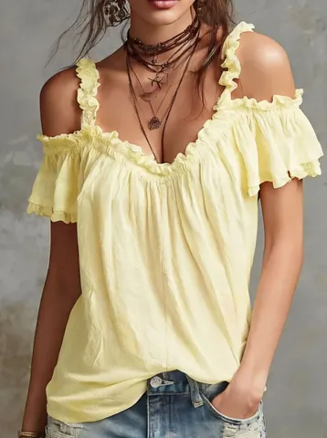 Top da Donna con Spalle Scoperte e Volant Casual in Poliestere Elegante Scollo a V Manica Corta Camicetta Moda Estate