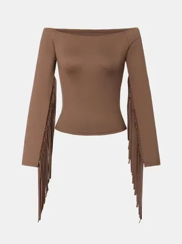 Haut à Franges Épaules Dénudées pour Femmes Coupe Ajustée T-Shirt à Glands Style Occidental Couleur Unie Décontracté Mode Streetwear