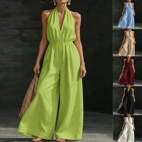 Women Halter Neck V-Neck Sleeveless Jumpsuit Elegant Polyester Wide Leg Backless Jumpsuit Summer French Style Office Romper