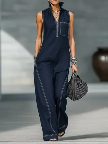 Women's Fashion Sleeveless Stand Collar Jumpsuit Casual Loose Wide Leg Jumpsuit Polyester Spandex Spliced Jumpsuit For Daily