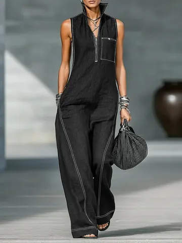 Women's Fashion Sleeveless Stand Collar Jumpsuit Casual Loose Wide Leg Jumpsuit Polyester Spandex Spliced Jumpsuit For Daily