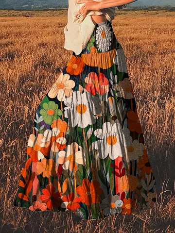 Women's Bohemian Floral Print Maxi Skirt Elegant Oil Painting Style A-line Long Skirt With Elastic Waist Beach Holiday Wear
