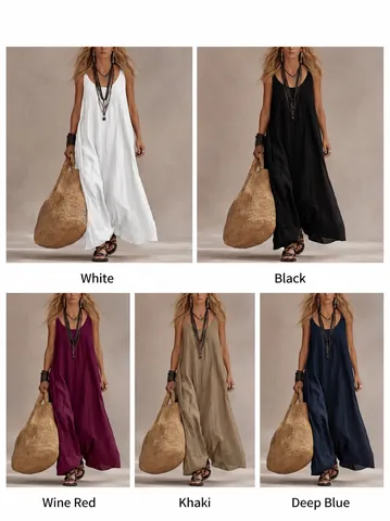 Vestido Largo de Estilo Bohemio Retro para Mujer de Poliéster Sin Mangas Cuello en U Color Sólido Suelto Vestido de Playa