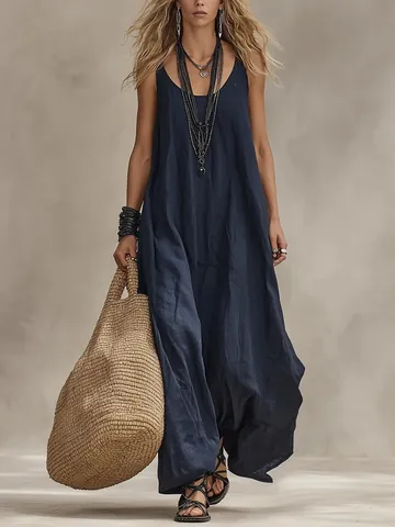 Vestido Largo de Estilo Bohemio Retro para Mujer de Poliéster Sin Mangas Cuello en U Color Sólido Suelto Vestido de Playa